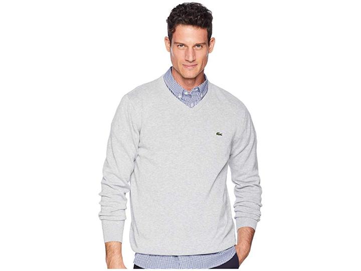 Lacoste Long Sleeve Half Moon V-neck Jersey Sweater (pluvier Chine/flour/silver) Men's Sweater