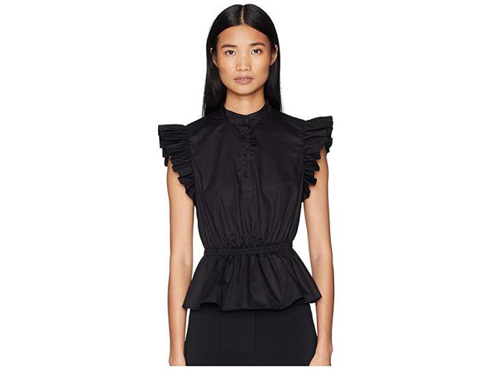 Adam Lippes Cotton Poplin Ruffle Sleeve Top W/ Placket (black) Women's Clothing