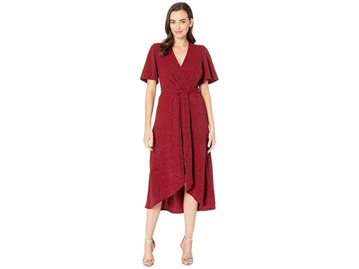 Donna Morgan Metallic Knit Fit And Flare W/ Lantern Sleeve (wine) Women's Dress