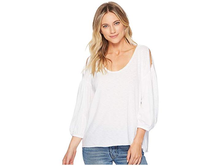 Michael Stars Supima(r) Cotton Slub 3/4 Puff Sleeve Soft V-neck (white) Women's Clothing