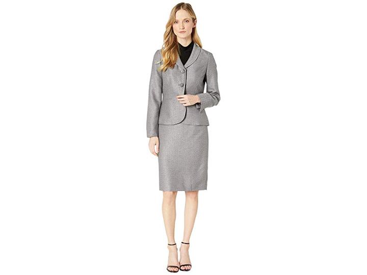 Le Suit Three-button Shawl Collar Tweed Skirt Suit (dark Silver) Women's Suits Sets