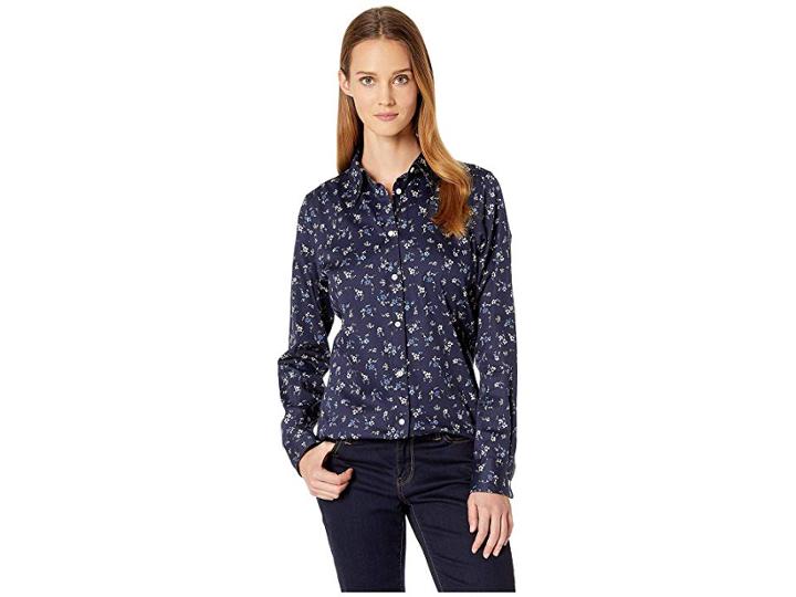 Chaps Non Iron Cotton Sateen Long Sleeve Shirt (navy Multi) Women's Clothing