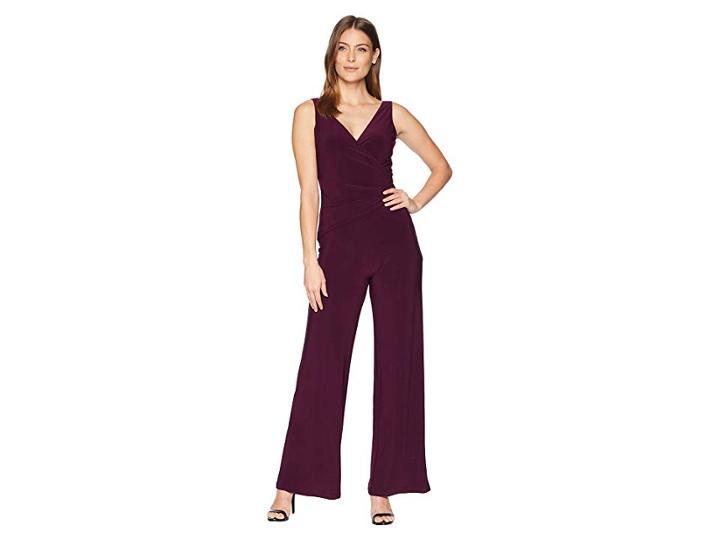 Nine West Ity Sleeveless Jumpsuit W/ Surplus Detail Asymmetrical Bodice (raisin) Women's Jumpsuit & Rompers One Piece
