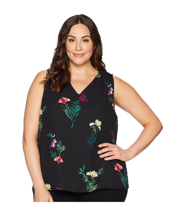 Vince Camuto Specialty Size Plus Size Sleeveless Tropical Garden Bouquet V-neck Blouse (rich Black) Women's Blouse