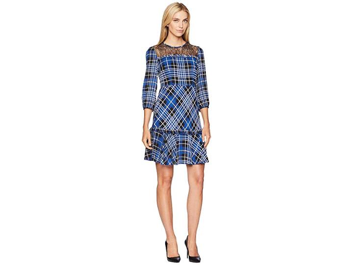 Donna Morgan Lace Yoke Plaid Fit And Flare (blue Flame/black Multi) Women's Dress