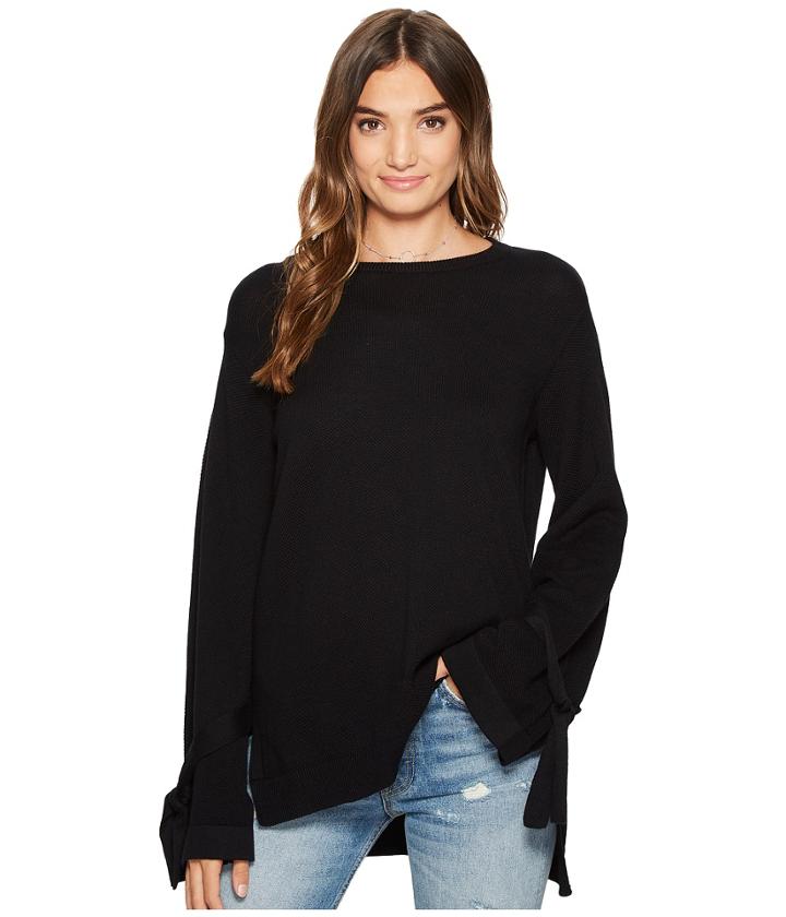 1.state Long Sleeve Crewneck Sweater W/ Sleeves Cuff Ties (rich Black) Women's Sweater