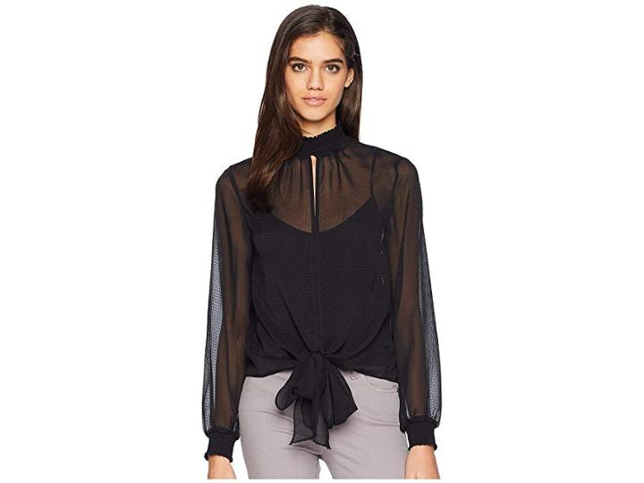 1.state Long Sleeve Smocked Neck Sheer Check Blouse (rich Black) Women's Blouse