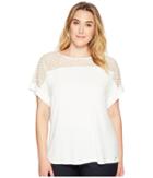 Calvin Klein Plus Plus Size Short Sleeve Top With Lace Yoke (soft White) Women's Short Sleeve Knit