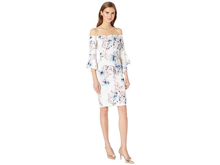 Bebe Off The Shoulder Bell Sleeve Dress (ivory Multi) Women's Dress