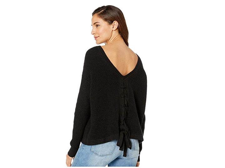 1.state Waffle Stitch V-back Lace-up Sweater (rich Black) Women's Sweater