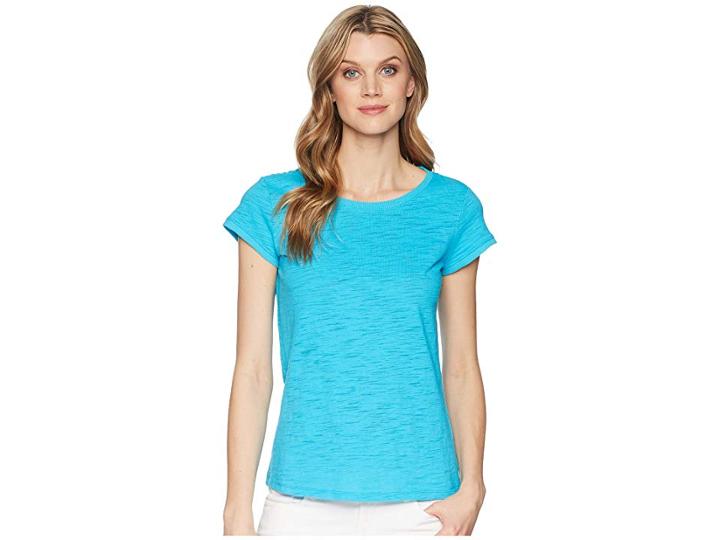 Tribal Solid Knit Slub Short Sleeve Scoop Neck Top With Back Mesh Detail (caribbean) Women's Clothing