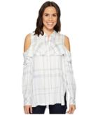 Two By Vince Camuto Long Sleeve Cold Shoulder Ruffled Space Dye Plaid Blouse (light Cream) Women's Long Sleeve Pullover