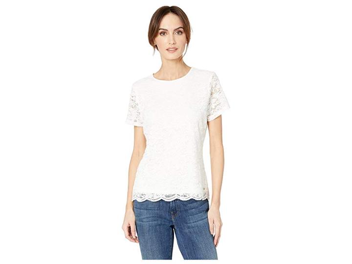 Calvin Klein Short Sleeve Lace Knit Tee (cream) Women's T Shirt