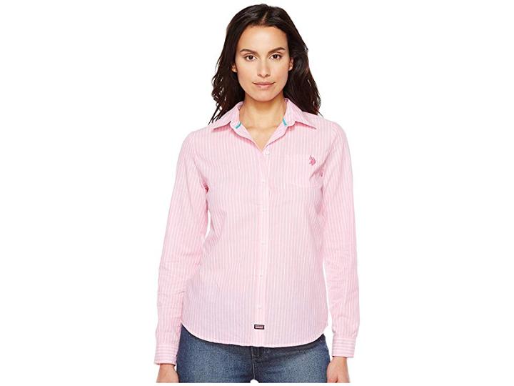 U.s. Polo Assn. Long Sleeve Striped Poplin Woven Shirt (pink Rocket) Women's Clothing