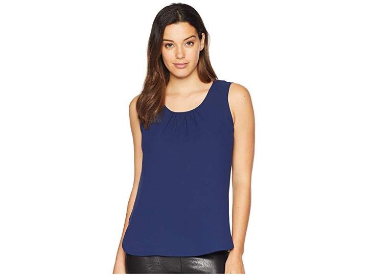 Anne Klein Solid Cdc Sleeveless Tank Top With Neck Shirring (marine Blue) Women's Sleeveless