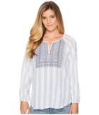 Two By Vince Camuto Long Sleeve Stripe Pucker Peasant Blouse With Embroidered Bib (patina Blue) Women's Blouse