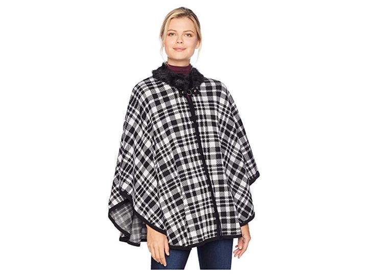 Ivanka Trump Poncho W/ Fur Trim (black/ecru) Women's Sweater