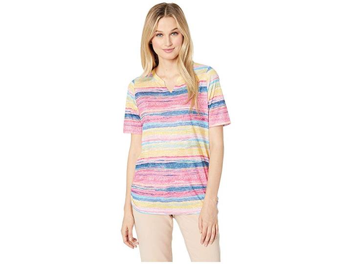 Fdj French Dressing Jeans Sunrise Stripe Notched Crew Semi Short Sleeve Top (multi) Women's T Shirt