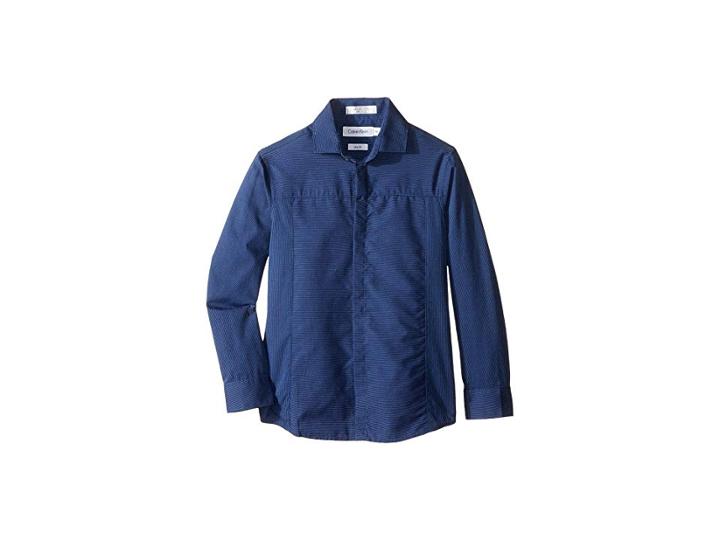 Calvin Klein Kids Long Sleeve Tick Dobby Stripe Pieced Shirt (little Kids) (dark Blue) Boy's Long Sleeve Button Up