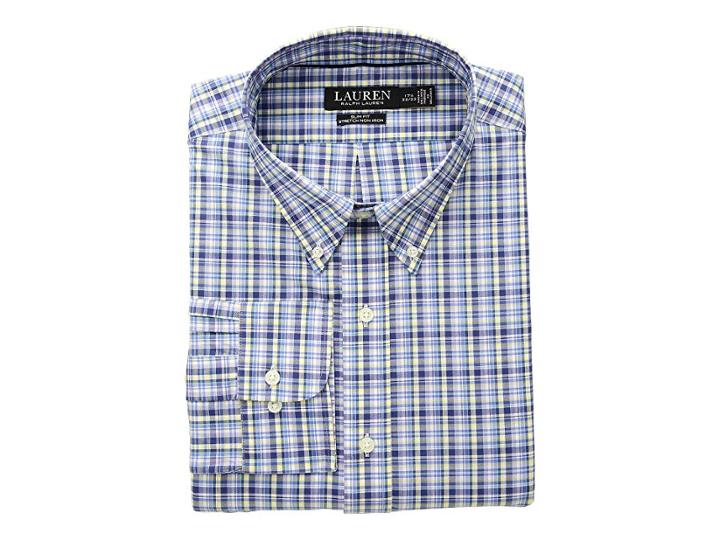 Lauren Ralph Lauren Slim Fit No-iron Plaid Cotton Dress Shirt (navy/lemon Multi) Men's Long Sleeve Button Up