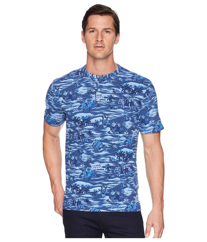 Polo Ralph Lauren Featherweight Short Sleeve Knit Henley (indigo Mini Island Hawaiian) Men's Clothing