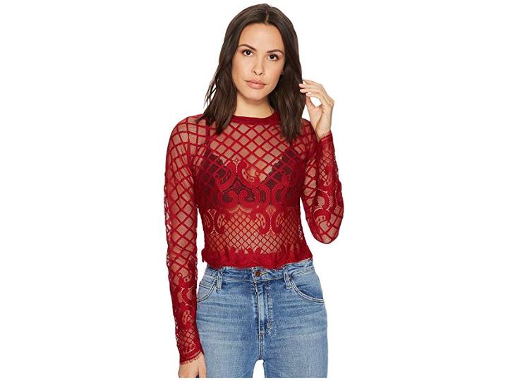 Romeo & Juliet Couture Long Sleeve Mesh Bodysuit (burgundy) Women's Jumpsuit & Rompers One Piece