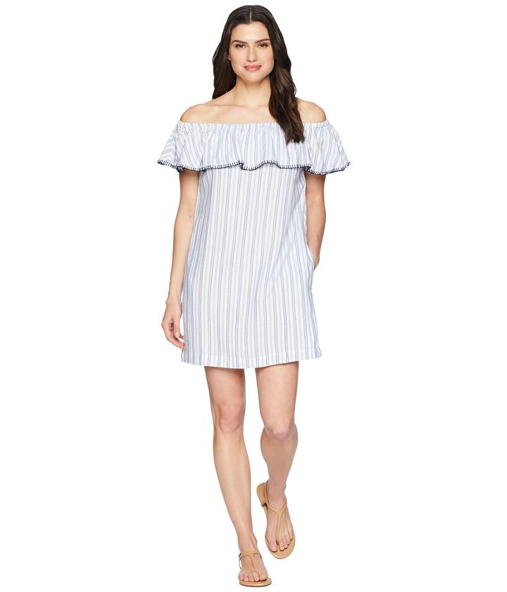Tommy Bahama Yarn-dye Ticking Off Shoulder Ruffle Dress Cover-up (white) Women's Swimwear