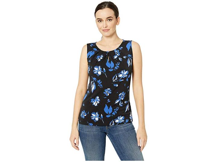 Tahari By Asl Printed Matte Jersey Keyhole Sleeveless Top (black/cobalt Blue) Women's Clothing