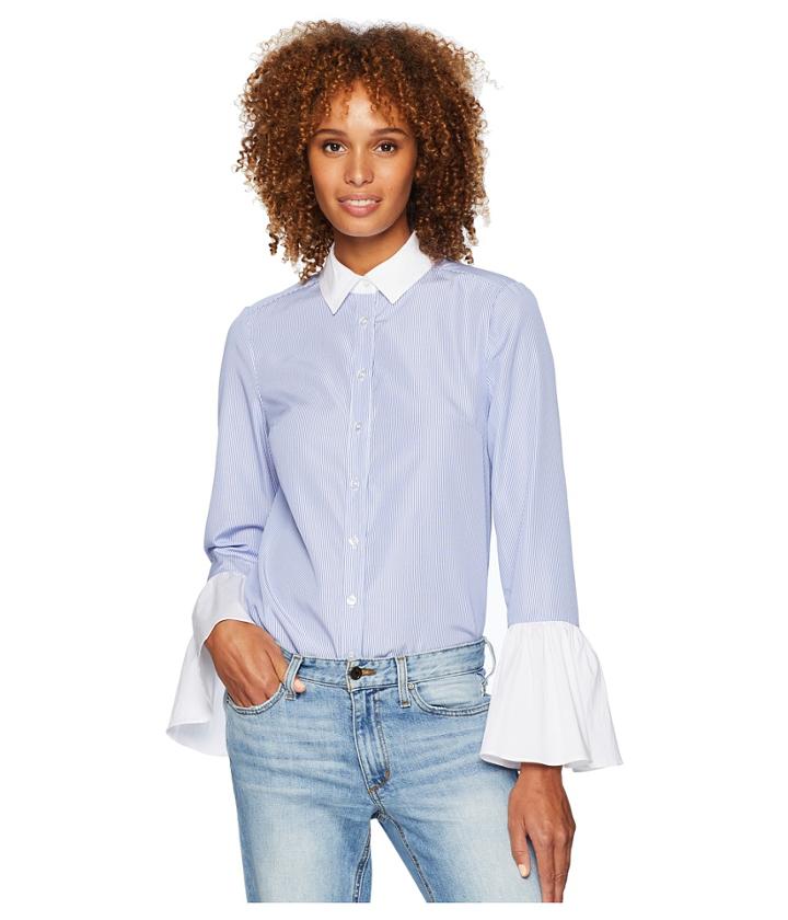 Eci Long Flounced Sleeve Button Down Shirt (blue/white) Women's Long Sleeve Button Up