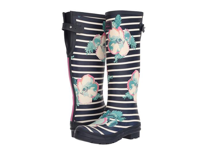 Joules Tall Welly Print (navy Poppy Stripe Rubber) Women's Rain Boots