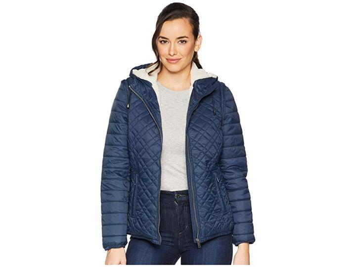 Tribal Detachable Sleeve Puffer With Faux Fur (navy) Women's Coat