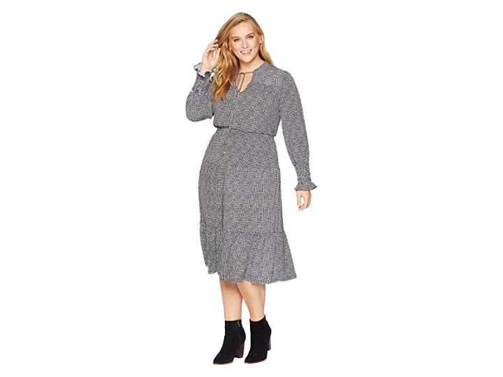 Michael Michael Kors Plus Size Check Long Sleeve Tie Neck Dress (black/white) Women's Dress