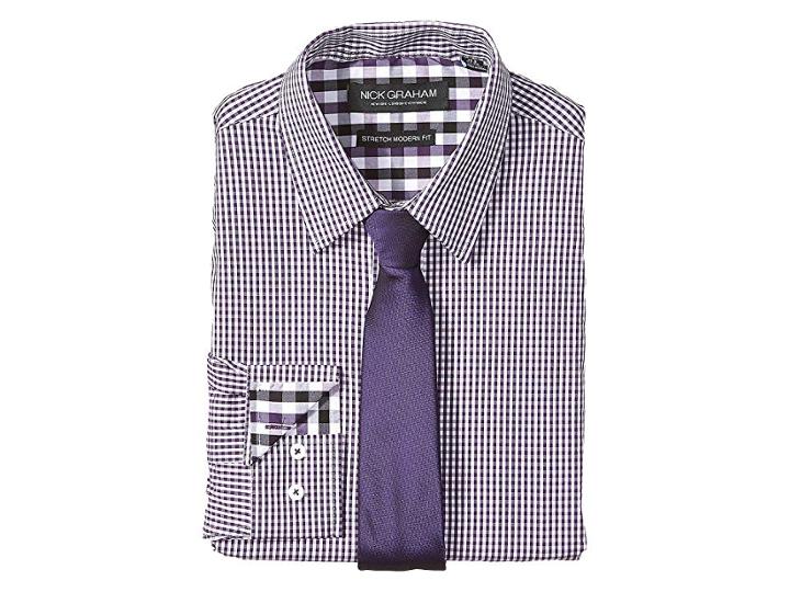 Nick Graham Mini Gingham Stretch Dress Shirt With Solid Herringbone Tie (purple) Men's Long Sleeve Button Up