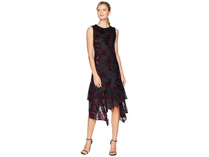 Calvin Klein Burnout Velvet Chiffon Maxi Dress W/ Asymmetrical Hem (black Multi) Women's Dress