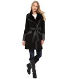 Via Spiga Asymmetrical Belted Wool Coat W/ Pu Detail And Faux Fur Collar (black) Women's Coat