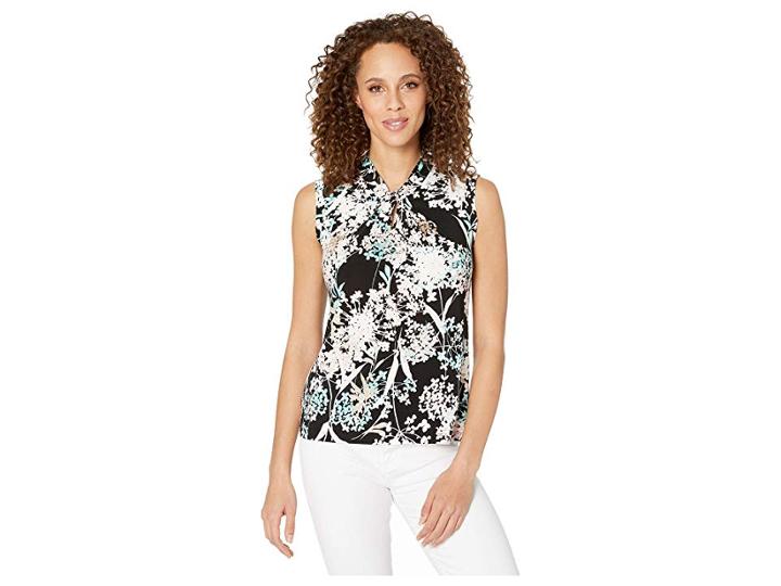 Tommy Hilfiger Floral Print Knot Neck Knit Top (black Multi) Women's Clothing