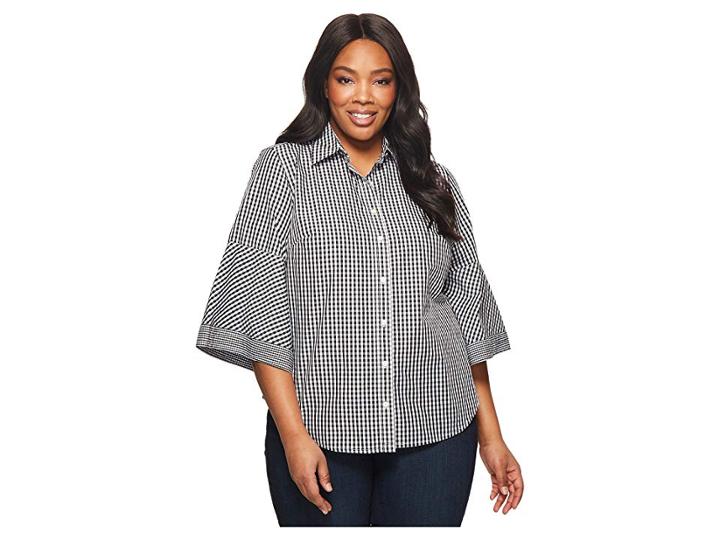 Lauren Ralph Lauren Plus Size Gingham Bell-sleeve Shirt (black/white) Women's Clothing