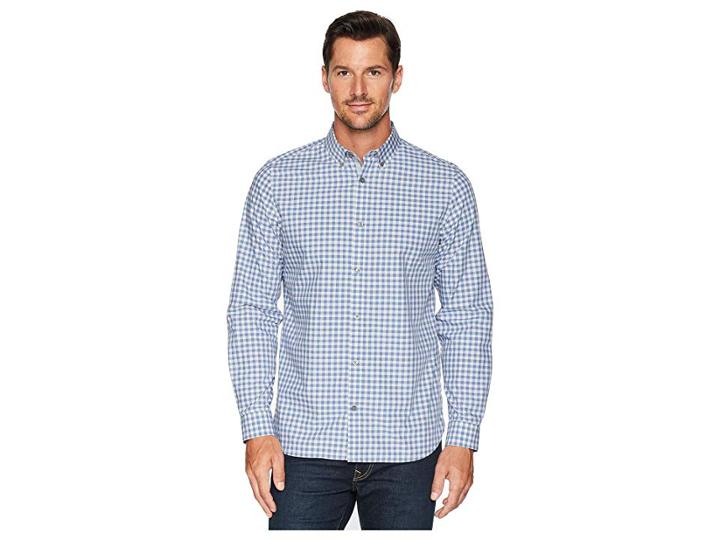 Calvin Klein Gingham Plaid Sport Shirt (clear Sky) Men's Clothing