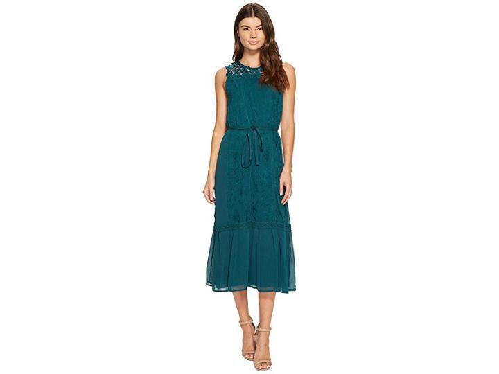 Catherine Catherine Malandrino Embroidered Tiered Midi Dress (deep Teal) Women's Dress