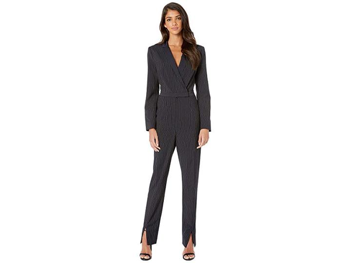 Bcbgmaxazria Faux Wrap Pinstripe Jumpsuit (pacific Blue Combo) Women's Jumpsuit & Rompers One Piece