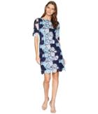 Tahari By Asl Short Sleeve Chemical Lace Dress (navy/sky/pale Blue) Women's Dress