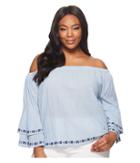 Lucky Brand Plus Size Embroidered Off The Shoulder Top (blue Stripe) Women's Clothing