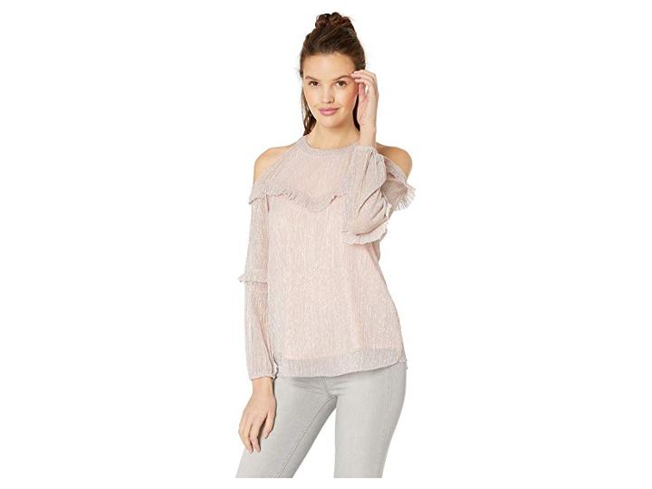 Miss Me Flounce Open Shoulder Long Sleeve Pleated Top (pink) Women's Clothing