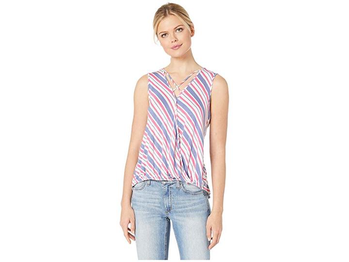 Bobeau Wrap Tank Top (denim/fuchsia Chevron Stripe) Women's Sleeveless