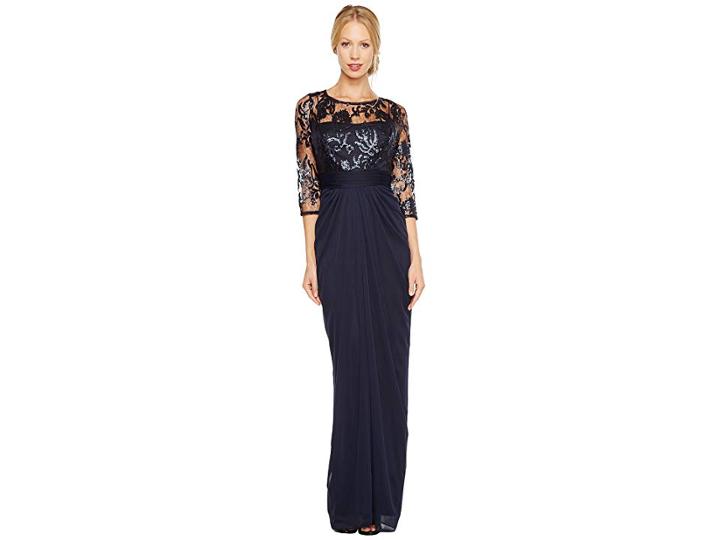 Adrianna Papell Embroidered Sequin Bodice Drape Gown (ink) Women's Dress