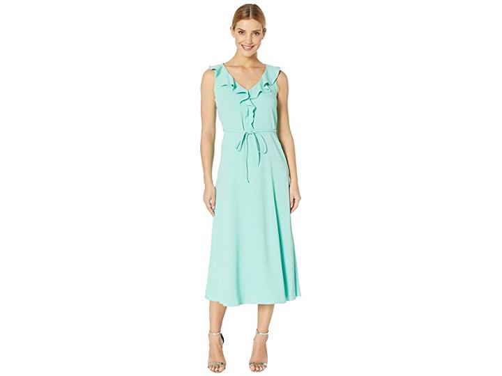 Nine West Crepe Back Satin V-neck Midi Dress W/ Self Sash (seaglass) Women's Dress