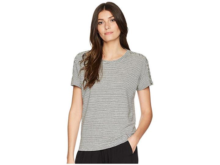 Lauren Ralph Lauren Lace-up Striped Linen T-shirt (chalk/polo Black) Women's T Shirt