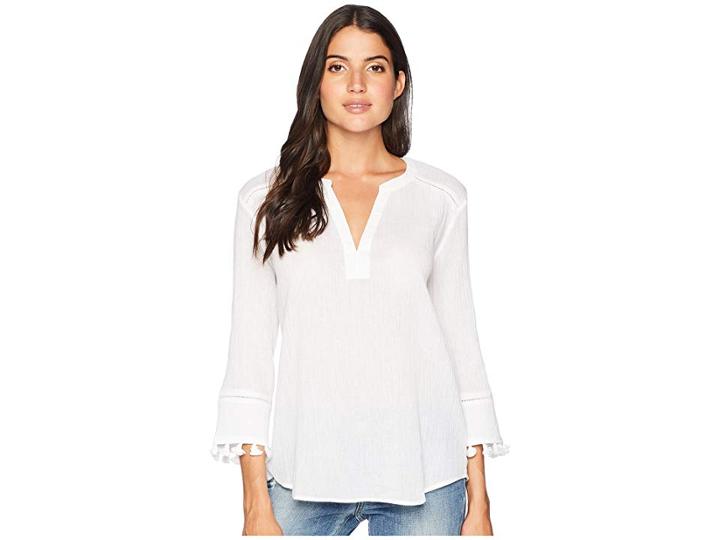 Nydj Split-neck W/ Tassels (optic White) Women's Clothing