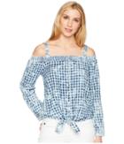 Tribal Cotton Tie Front Off Shoulder Shirt (indigo) Women's Clothing