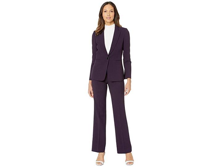 Tahari By Asl Pebble Crepe Pants Suit With Sleeve Detail (eggplant) Women's Suits Sets